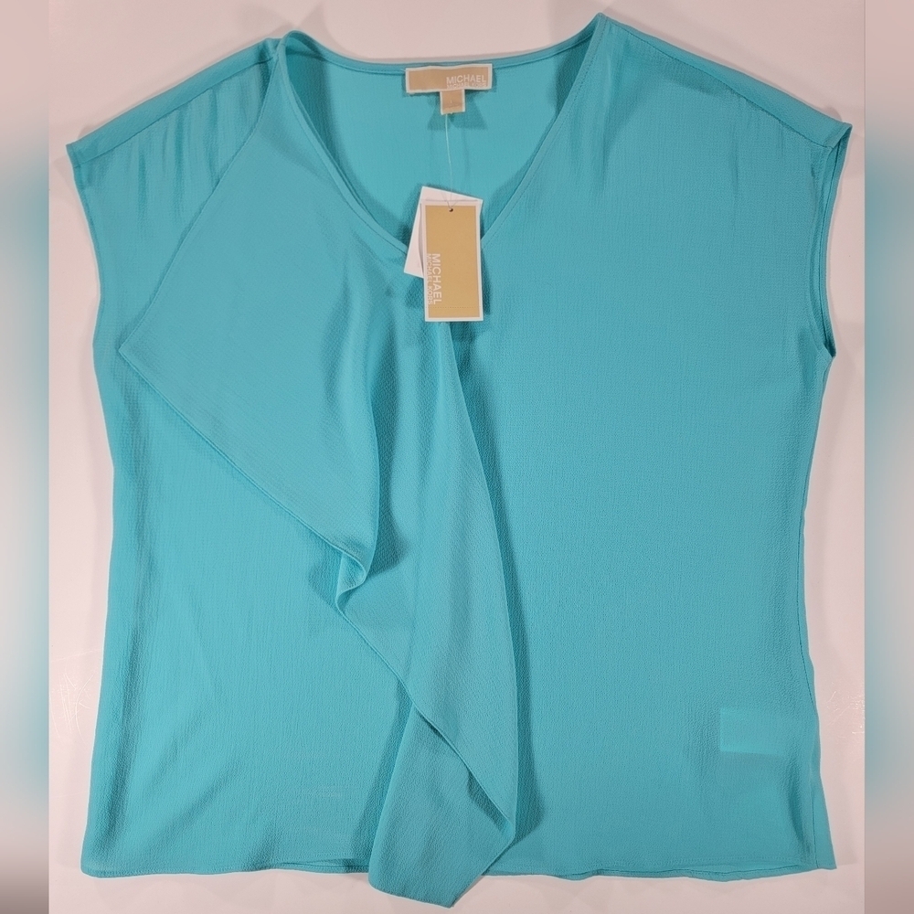 New Michael Kors Women's Large Turquoise Ruffle Front Blouse Sleeveless Top NWT